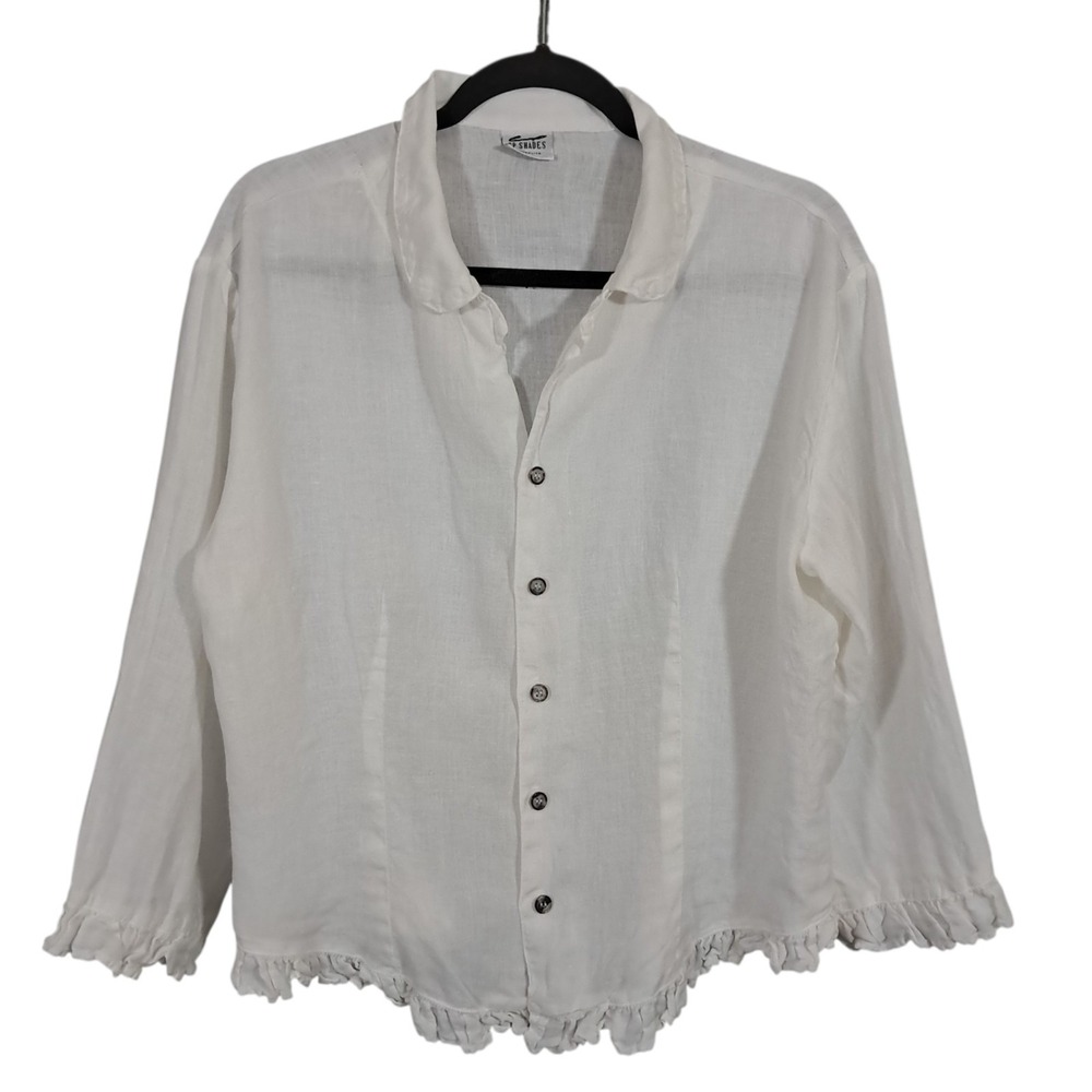 CP Shades Sausalito Top Blouse Womens Large White Ruffle Lagenlook Linen Gauze